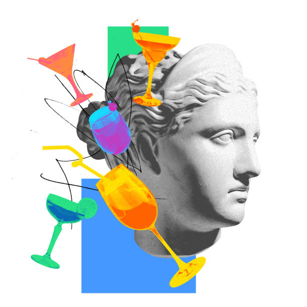 istock Antique statue bust and different cocktails over white background. Contemporary art collage. 1909779498