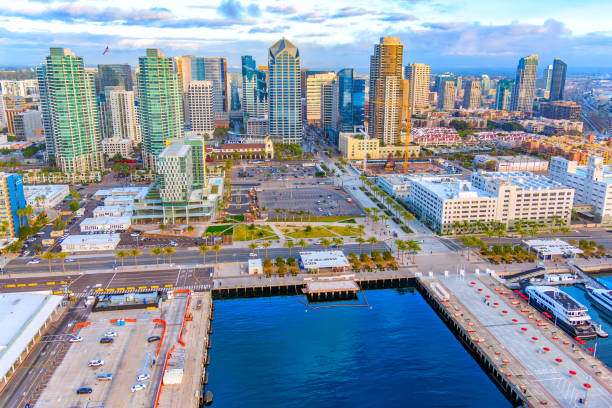 The downtown district of San Diego, California shot after a storm near sunset via helicopter from an altitude of approximately 500 feet.