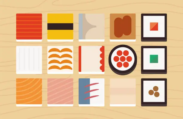 Vector illustration of Square sushi icon set vector illustration