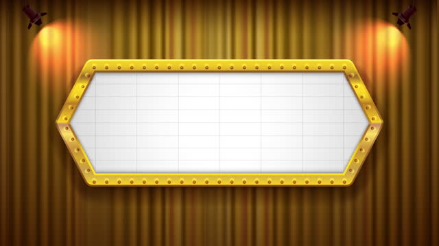 4k animation of a cinema theater sign hexagon gold color theme with spotlight and curtain.mov