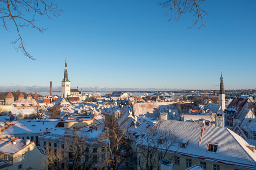 January 3, 2024 Tallinn Estonia: Top view of the old town of Tallinn, stone towers, church spiers and tiled roofs.