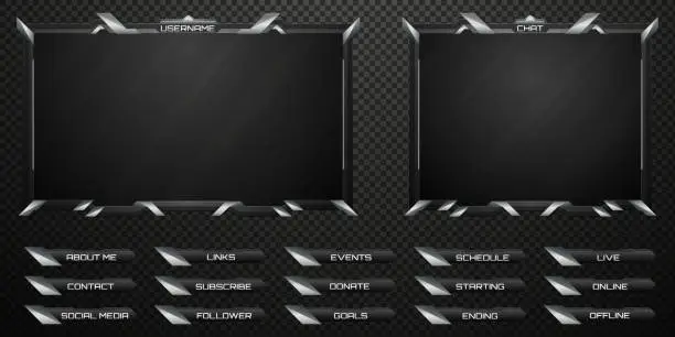 Vector illustration of Futuristic Stream Overlay Black and Silver Border Webcam Frame and Stream Alert Screen GUI Panels for Gaming and Video Streaming Platforms