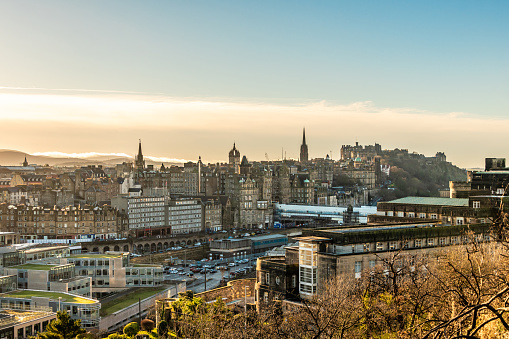 View over Edinburgh city centre with winter sun