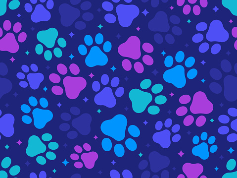 Pets cats and dogs food seamless repeating tileable paw print animal theme background pattern.