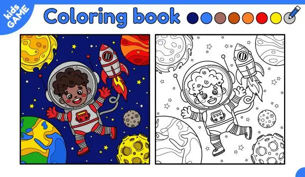 Vector illustration of Page of coloring book with astronaut african boy