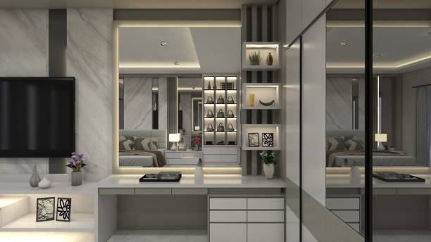 istock Modern and Luxury Dressing Table Design with Mirror and Shelving Display 1909916612