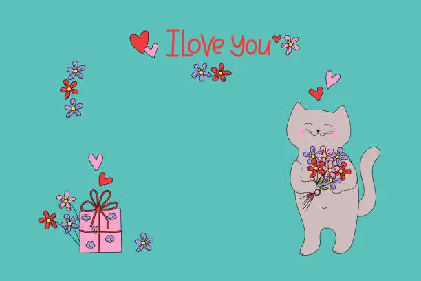 Vector illustration of Cartoon cat with a gift and a bouquet of flowers and hearts. Valentine  postcard. I love you, inscription. Cute kitten and gift box. Gift in festive packaging. Valentine's Day, wedding, birthday.