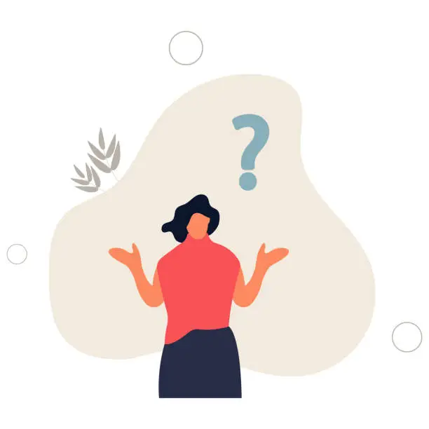 Vector illustration of Thinking skeptical woman flat illustration.Puzzlement, doubts, uncertainty, difficult choices, problem solving.