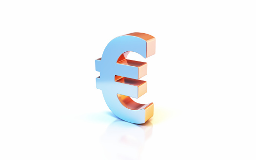 3d render Euro Sign with Metallic Blue and Yellow Reflections, Object + Shadow Clipping Path, Can Be Used For Concepts Such As Business And Finance, Investment, Economy, Earnings.