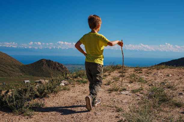 istock Boy hiker with stick walks on a mountain trail 1909962421