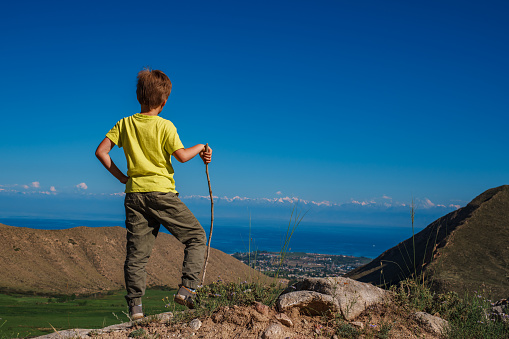 Boy hiker with stick looks at the lake shore from the top of the mountain