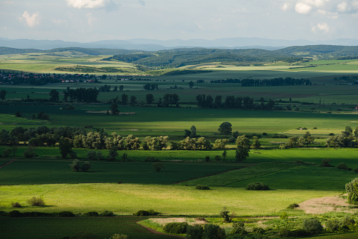 Field of grass and perfect village in Europe