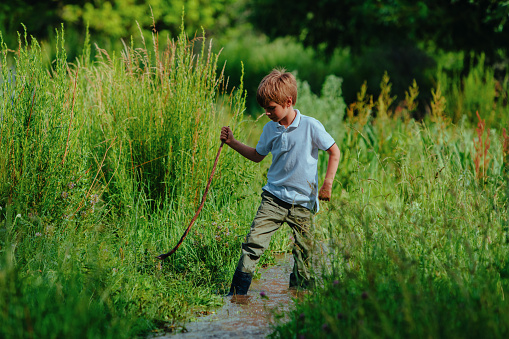 Boy in rubber boots with stick walks along a shallow stream