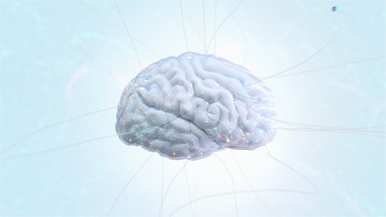 Translucent brain with neural connections and sparkling synapses on a gentle light background, ideal for depicting concepts of mental health, intelligence, and neurology. Artificial intelligence