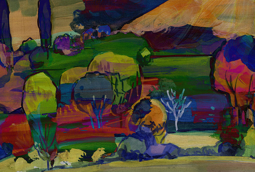 bstract rural expression landscape background. Drawing, painting, gouache, acrylic. Texture paper.