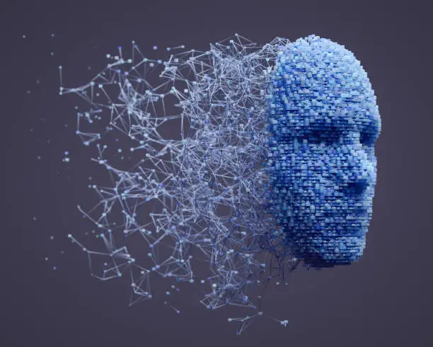 3D human head made with interconnected cube shaped particles.