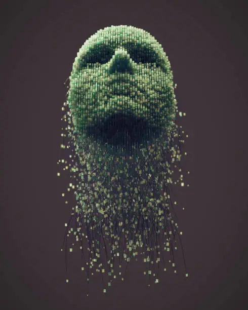 3D human head made with cables and cube shaped particles.