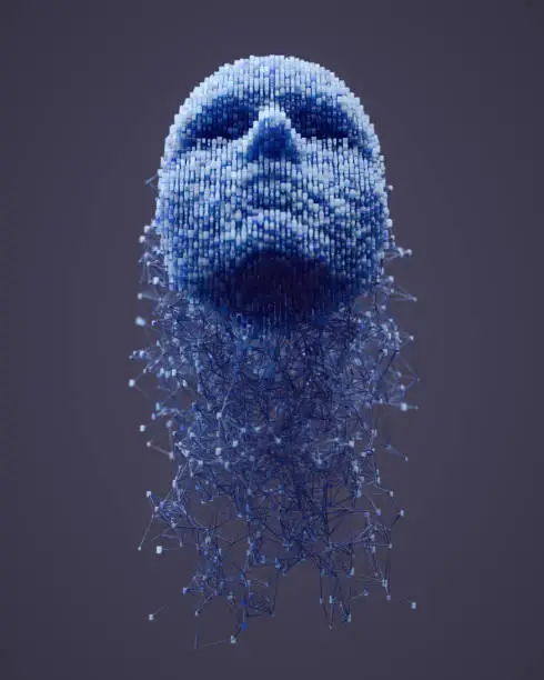 3D human head made with interconnected cube shaped particles.