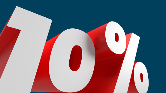 10 %, 3d promotion banner, price percentage. Digit with a percent sign. Copy space.