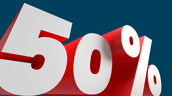 50 %, 3d promotion banner, price percentage. Digit with a percent sign. Copy space.