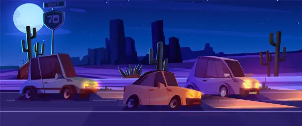 Vector illustration of Night desert road landscape with car and cactus