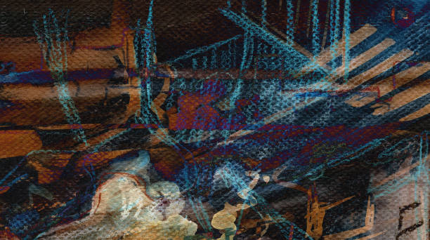 ilustraciones, imágenes clip art, dibujos animados e iconos de stock de avant-garde abstract city landscape. steampunk color expression painting for disturbing background - romantic sky audio