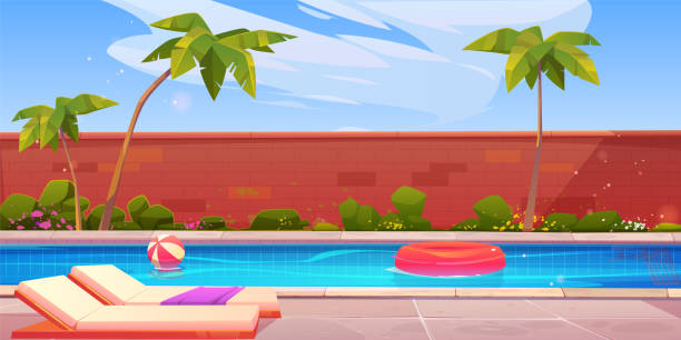 House backyard with swimming pool illustration House backyard with swimming pool vector illustration. Villa poolside for summer vacation with chair, fence, palm tree, inflatable ball and lifebuoy. Outdoor tropical resort area environment backyard background stock illustrations