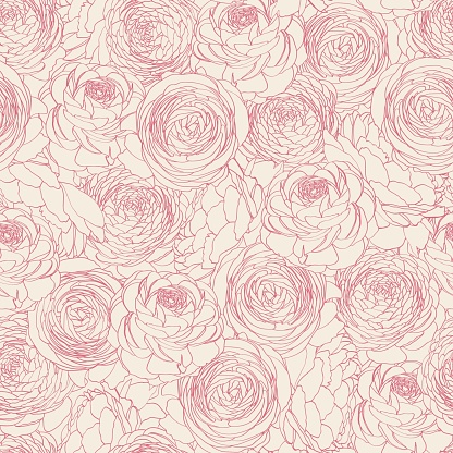 Floral and botanical line art background. Summer tone with ranunculus flowers seamless pattern. Wallpaper for banner, prints, poster, wall art.