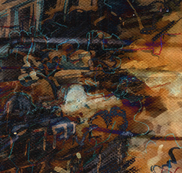 ilustrações, clipart, desenhos animados e ícones de paisagem vanguardista abstrata da cidade. pintura de expressão de cor steampunk para fundo perturbador - romantic sky audio