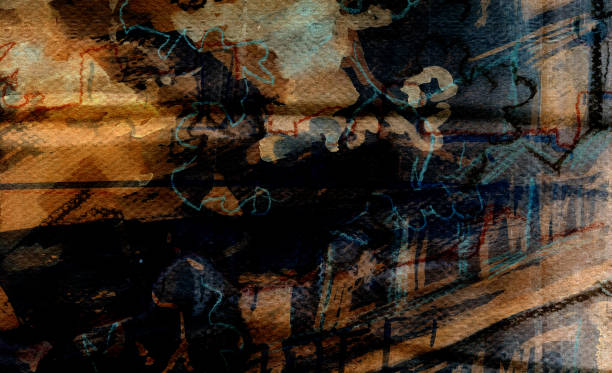 ilustrações, clipart, desenhos animados e ícones de paisagem vanguardista abstrata da cidade. pintura de expressão de cor steampunk para fundo perturbador - romantic sky audio