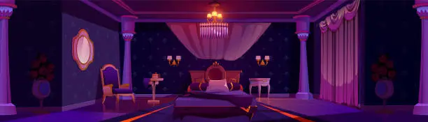 Vector illustration of Night princess castle bedroom interior background