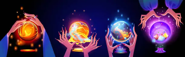 Vector illustration of Magic glowing fortune glass ball in female hands