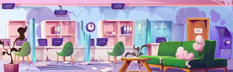Abandoned bank office interior with furniture. Vector cartoon illustration of messy waiting room with damaged couch, dusty desks and chairs, broken cash desk glass, cobweb on ceiling, garbage on floor