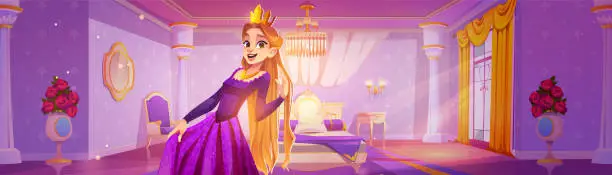 Vector illustration of Princess in palace purple bedroom cartoon interior