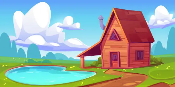 Vector illustration of Wooden cabin on shore of lake