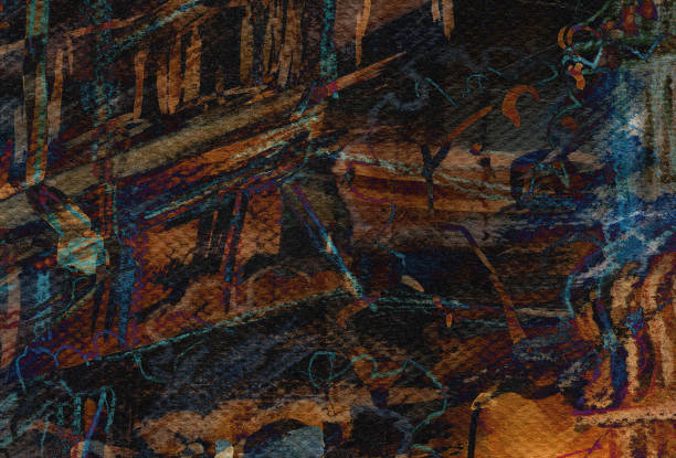 ilustraciones, imágenes clip art, dibujos animados e iconos de stock de paisaje urbano abstracto de vanguardia. pintura de expresión de color steampunk para fondo inquietante - romantic sky audio