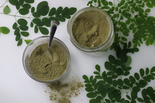 Dried moringa leaf powder. Powdered form of sun dried stemless drumstick leaves. Helps to add moringa leaves to food. Moringa leaves are nutritionally very rich and have high nutrition value.