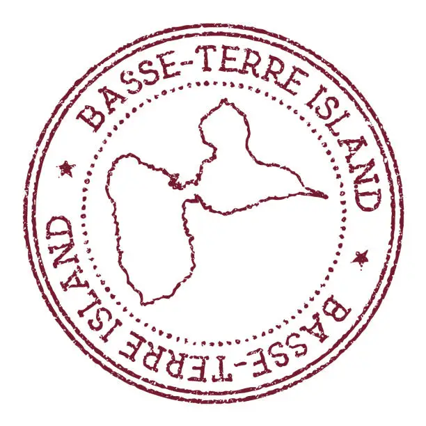 Vector illustration of Basse-Terre Island round rubber stamp with island map. Vintage red passport stamp with circular text and stars, vector illustration.