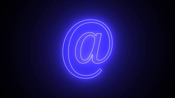 istock Blue neon light @ icon. Colorful email technology icon isolated on black background. 3D rendering, neon light display, @bright display, banner sign, display, @drawing. 1910074595