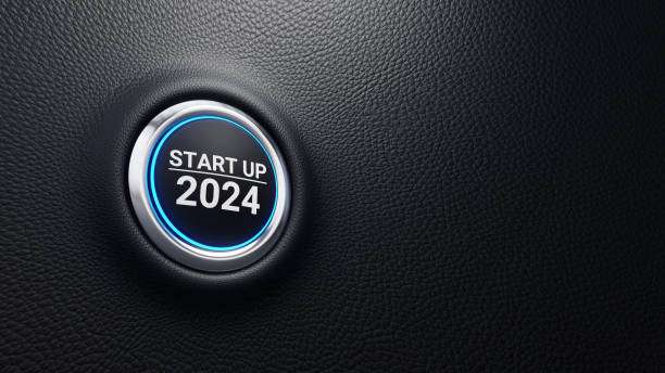 istock Start Up 2024 push button, Start Up 2024 modern car button with blue shine. Start new year. Business strategy, opportunity and change concept. 3d illustration 1910089629
