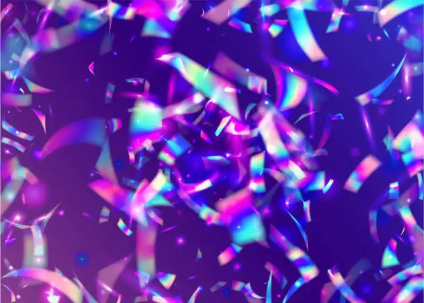 Vector illustration of Light Confetti. Kaleidoscope Sparkles. Pink Retro Effect. Metal Prism. Laser Celebrate Illustration. Luxury Art. Neon Glare. Holiday Foil. Purple Light Confetti