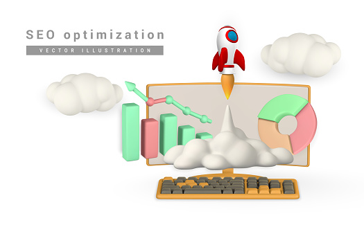 3d SEO optimization with rocket for marketing social media concept. Seo strategy. Vector illustration.