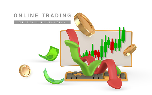 3d stock online trading with monitor and keyboard, investment graph and flying money in cartoon style. Green red arrow up down. Trade infographic. Trading stock news impulses. Vector illustration.