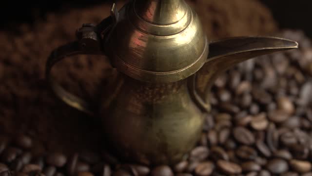 Oriental Brass Coffee Pot, Roasted Beans and Fine Ground Coffee, Close Up