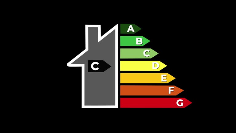 Animation of House Showing Energy Efficiency Rate scale class C black background. Concept of Ecological and bio energetic home. Energy class, performance certificate. Alpha included