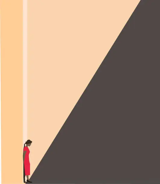 Vector illustration of Woman standing alone in the sun on a big wall.