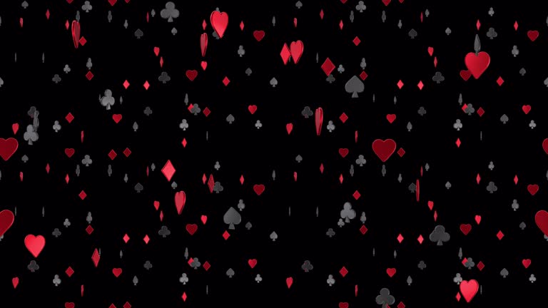 Poker Playing Cards LOOP TILE Symbol Falling with alpha. This 3d animation of the Hearts, Diamonds, Spades and Clubs Poker Card Symbols is loopable and tileable.