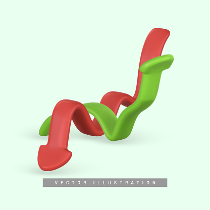 3d realistic green red arrow up down in cartoon style. Trade infographic. Trading stock news impulses. Success of business strategy. Vector illustration.