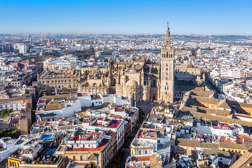 Panorama of Spanish Square (Plaza de Espana) in Sevilla in a beautiful summer day, Spain