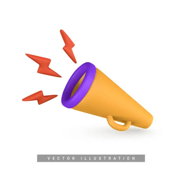 Vector illustration of Realistic 3d plastic megaphone in cartoon style. Vector illustration